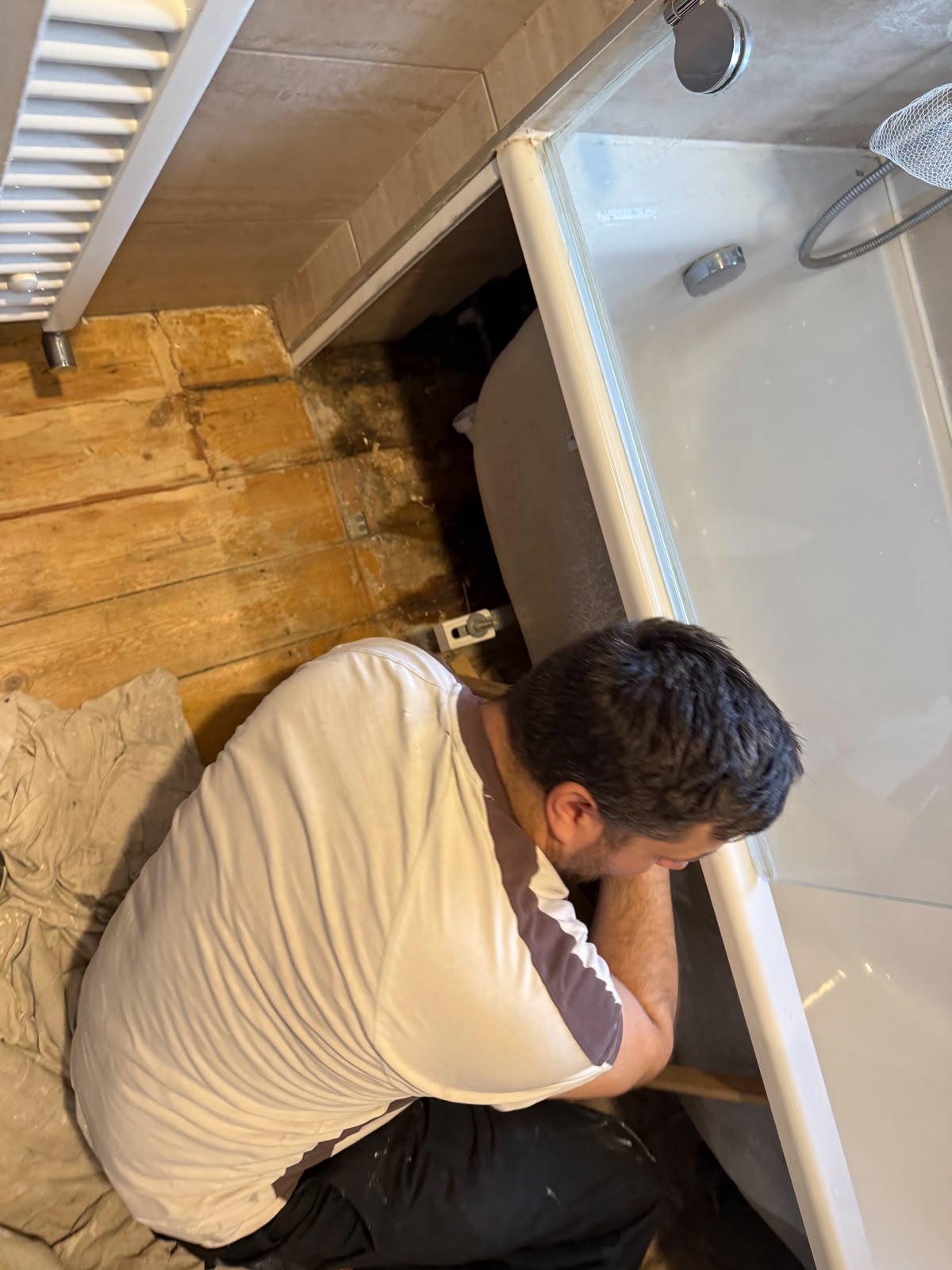 Bath panel off for plumbing work during a bathroom refit